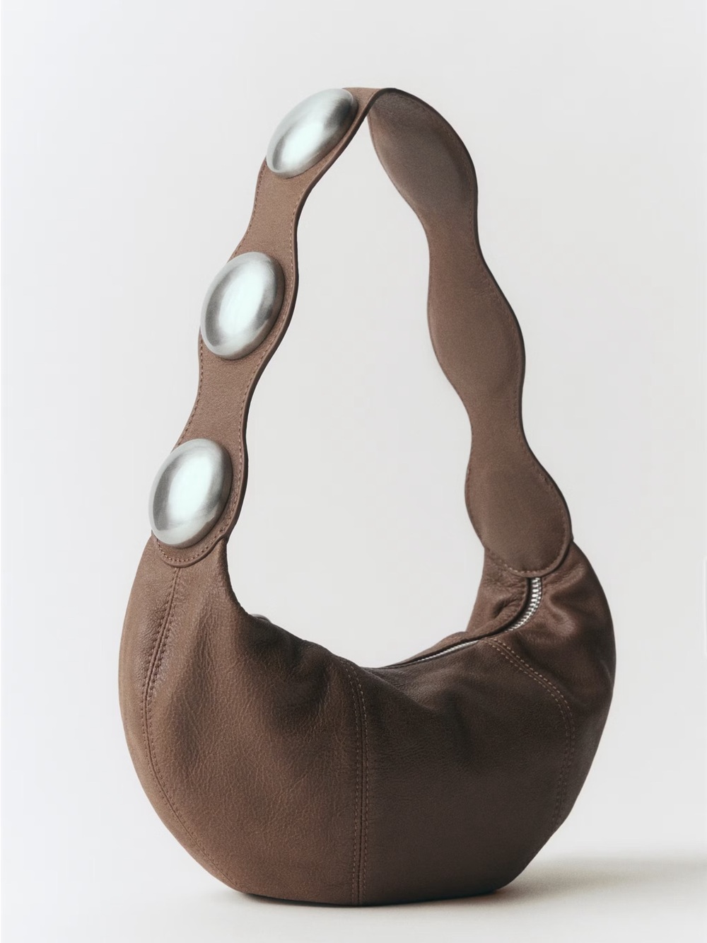 MANGO Brown Leather Hobo Bag with Silver Accent Discs